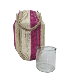 Laterne Baumwolle Natur/Pink mit Glaseinsatz