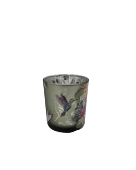 Windlicht aus Glas in Grün mit Blumenmotiv