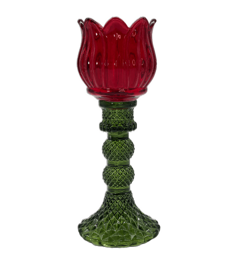 Windlicht ’Blume’ aus Glas rot/grün - Kerzenständer